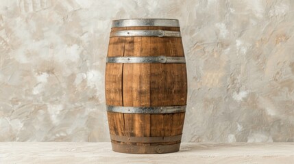 Rustic wooden barrel with old metal bands, isolated, plain white background, clear text space, high definition, perfect for advertising materials