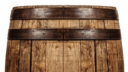Fototapeta premium Rustic wooden barrel with weathered metal bands, isolated on a white background, ample space for copy text, high detail and texture, ideal for advertisements