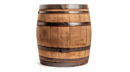 Fototapeta premium Rustic wooden barrel with weathered metal bands, isolated on a white background, ample space for copy text, high detail and texture, ideal for advertisements