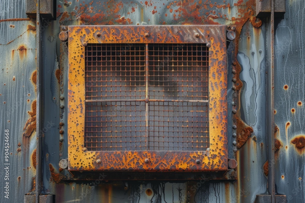 Poster rusty metal grate with a small square grid pattern covering an opening on the side of a building