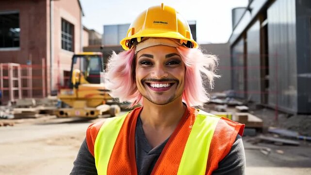 Non-binary LGBTQ male construction worker smiling 