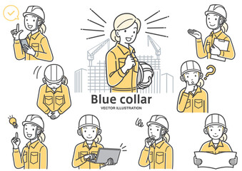 女性現場作業員の表情やしぐさのイラストセット