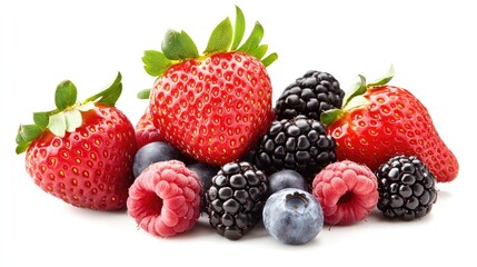 Fresh and colorful assortment of strawberries, blackberries, raspberries, and blueberries, cut out