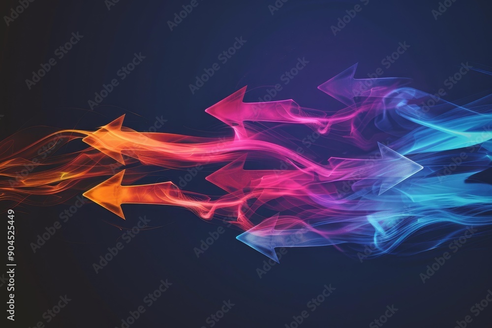 Poster abstract colorful arrows flowing representing speed and direction on blue background