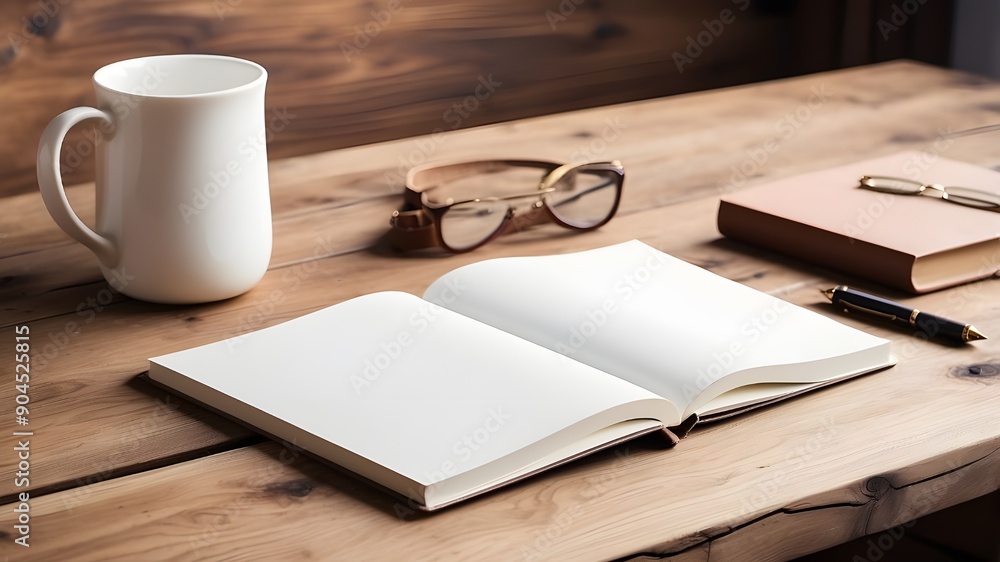 Poster top view of a white notebook that is empty and stored on a wooden desktop. workplace idea, homework,