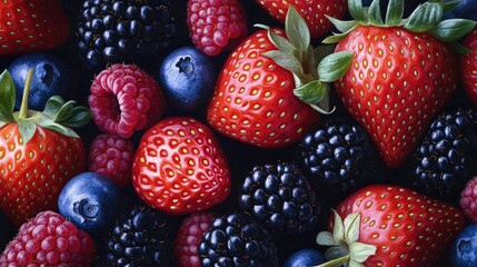 Fototapeta premium Fresh and juicy strawberries, blackberries, raspberries, and blueberries, cut out and vibrant