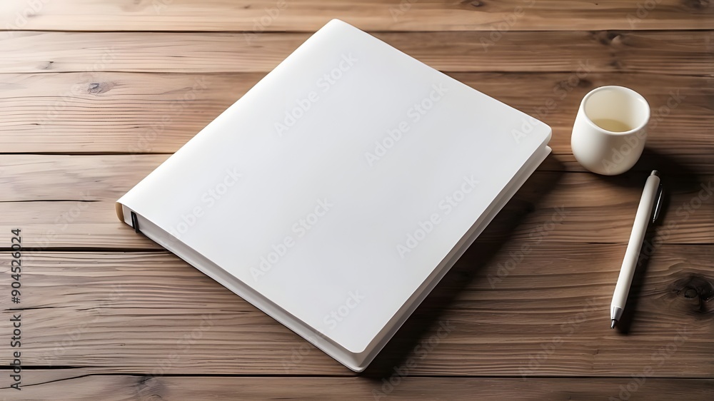 Poster top view of a white notebook that is empty and stored on a wooden desktop. workplace idea, homework,
