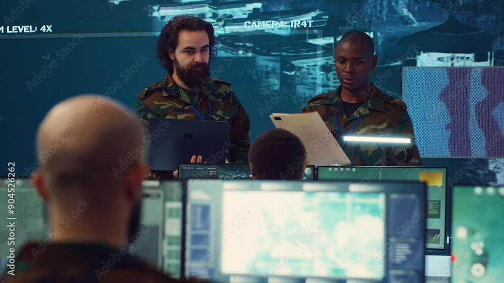 Poster crew captain and general briefing the troops in military headquarters command center, operating with