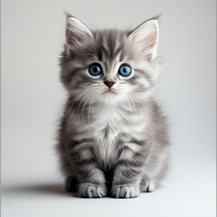 Obraz premium Description: A cute gray kitten with striking blue eyes sits attentively against a plain background, showcasing its fluffy fur and endearing expression. 