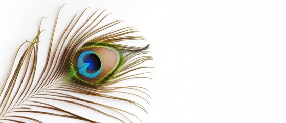 Obraz premium Isolated peacock feather with eye pattern, colorful and detailed, background space for copy