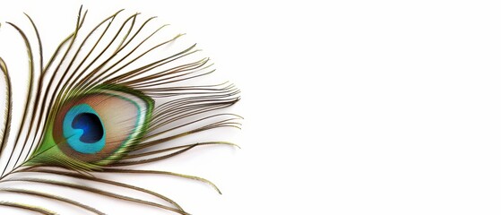 Obraz premium Isolated peacock feather with eye pattern, colorful and detailed, background space for copy