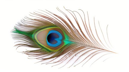 Obraz premium Isolated peacock feather with eye pattern, colorful and detailed, background space for copy