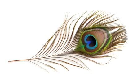 Obraz premium Isolated peacock feather with eye pattern, colorful and detailed, background space for copy