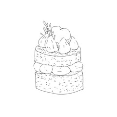 Christmas cake with two cakeless layers and meringue drops with cherries and jam with rosemary branches graphic black and white line illustration print engraving texture new year eve