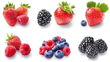 Juicy collection of strawberries, blackberries, raspberries, and blueberries, cut out on white