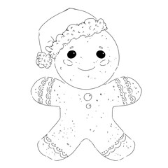 Gingerbread christmas man in santa claus hat graphic black and white line illustration print engraving texture sweetness new years eve treat