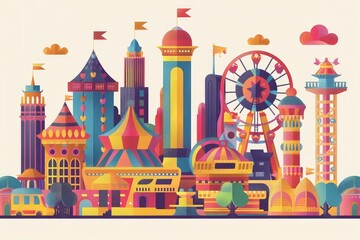 Obraz premium Colorful Amusement Park Skyline Illustration