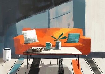 Cozy Modern Living Room Illustration with Orange Sofa and Coffee Table in Stylish Interior