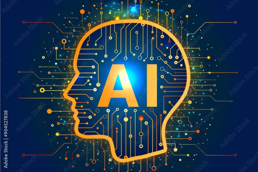 Poster AI neon head icon on a circuit board symbolizing the integration of artificial intelligence in modern technology.