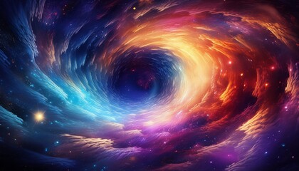 A swirling nebula of vibrant colors with a dark center