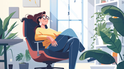 A joyful female software developer relaxing in an armchair in her comfortable indoor office, looking lovely and happy.