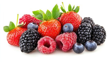 Vibrant mix of fresh strawberries, blackberries, raspberries, and blueberries, cut out and isolated