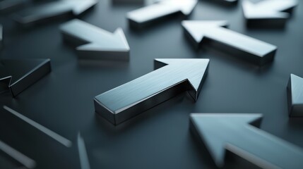 Business scene with multiple sleek, metallic arrows pointing in various directions, highlighting diverse investment opportunities and progress