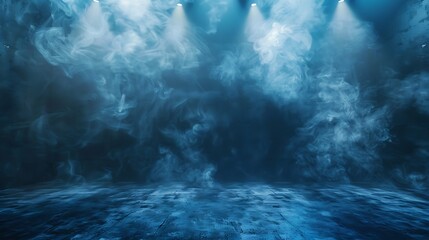 Naklejka premium Blue smoke on dark background with spotlights.