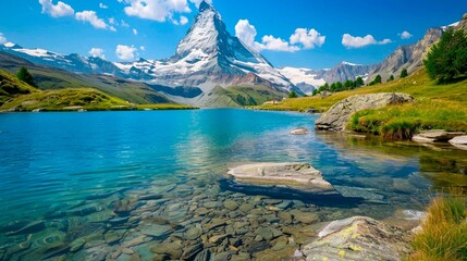 Mountain lake during the day at the foot of the mountain