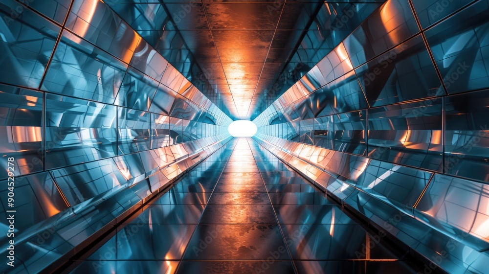 Poster An escalator with a light guiding people through a long tunnel or corridor, suitable for use in illustrations about progress, guidance, or optimism