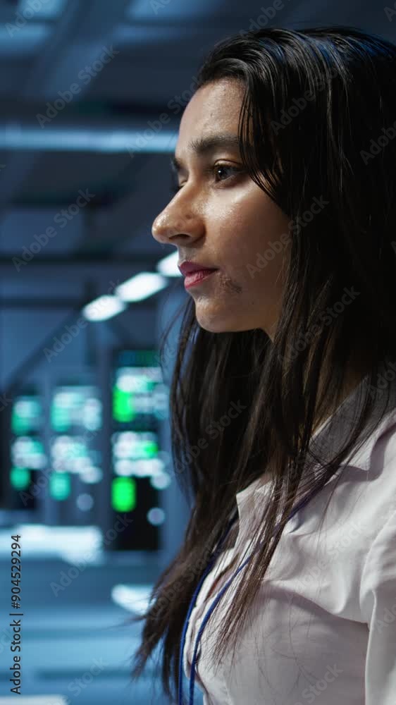 Poster vertical video it specialist in data center providing technical support to customers, troubleshootin