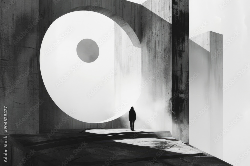 Poster a person stands near a unique circular window, providing a view