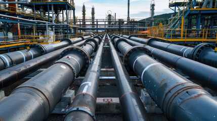A long line of black pipes are seen in a factory. The pipes are connected to a large building and are surrounded by yellow and black