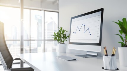 Contemporary office, financial charts on digital screens, bright daylight from windows, mixed with warm artificial lights, productive atmosphere