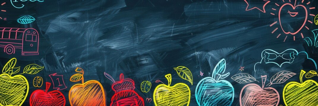 A vibrant chalkboard showcases artistic brush strokes and detailed drawings of globes, rulers, lightbulbs, and other classroom essentials. Generative AI