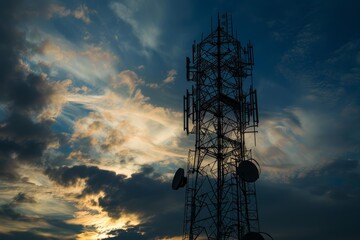 Telecommunication tower is silhouetted against a vibrant sunset sky