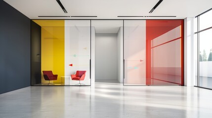 Contemporary office with large glass panels, arrows guiding to the company's vision and mission statements in vibrant colors