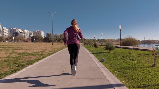TS WS Adult female crouching down taking a breath, turns back and starts running in front of the Rio de la Plata. Front camera follows her from rear angle 