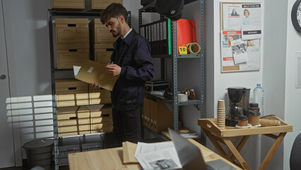 Young hispanic man sorting files in a cluttered detective's office, depicting a focused professional environment.