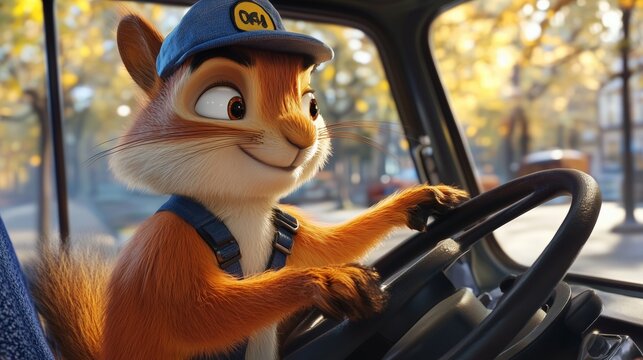 Squirrel driver driving a car. Cute funny cartoon squirrel bus driver.
