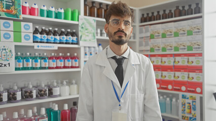 Confident hispanic man with beard posing as a pharmacist in a well-stocked drugstore, showcasing healthcare products.