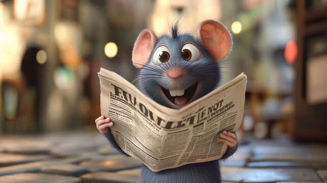 Cute cartoon rat reading newspaper. Animal reading news. Newspaper seller. News from newspapers.
