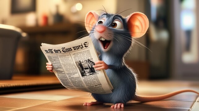 Cute cartoon rat reading newspaper. Animal reading news. Newspaper seller. News from newspapers.