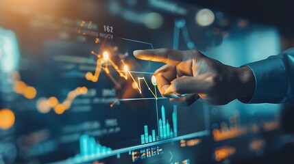 Hand interacting with financial data on a screen.