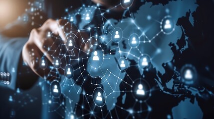 Obraz premium Hand interacts with global network of people.