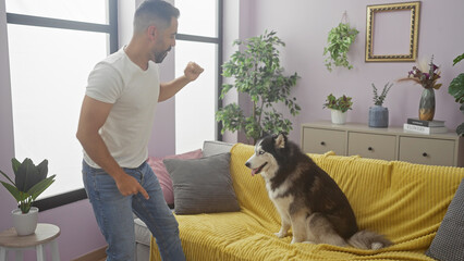 Hispanic man dancing in a modern living room interior with a husky dog sitting on a yellow couch © Krakenimages.com