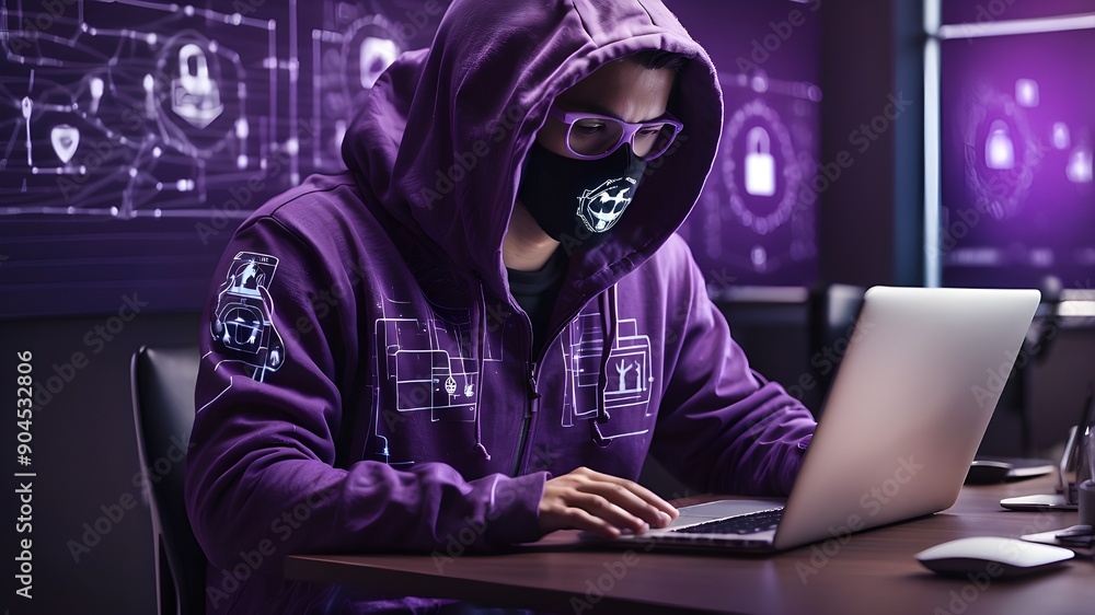 Poster hacker wearing a hoodie utilizing a laptop that is connected to digital persons team symbols over a 