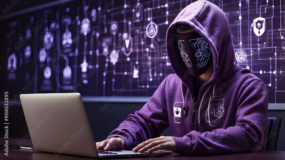 Poster hacker wearing a hoodie utilizing a laptop that is connected to digital persons team symbols over a 