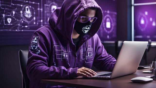 Hacker wearing a hoodie utilizing a laptop that is connected to digital persons team symbols over a dark, fuzzy purple background of an interior office. Social media, online communities, and digital n