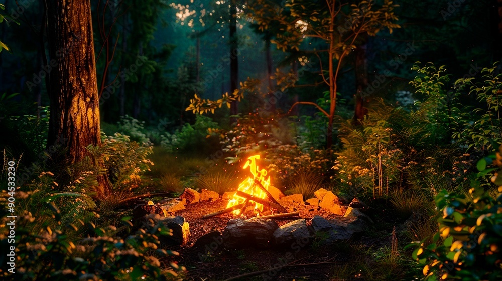 Wall mural campfire at the sunset in the forest